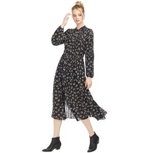 Saloni Raquel Black Gold Space Dot Circle White Buttons Midi Silk Dress Size 6